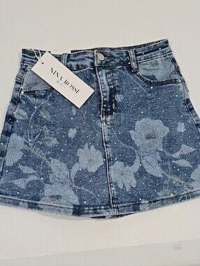 Rina Rossi Denim Mini Skirt with Bleached Floral Print #58